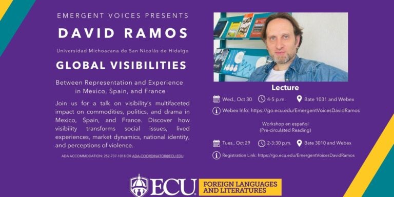 Flyer for David Ramos' Emergent Voices Lecture.