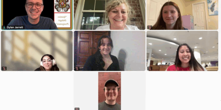 Screenshot of a virtual induction ceremony for Sigma Delta Pi, showing eight smiling participants in a video call. The top-left participant displays a slide with the Sigma Delta Pi crest and text reading 