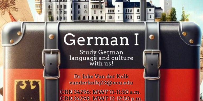 Course flyer for spring 2025 GERM 1001; German I Study German language and culture with us! Dr. Jake Van der Kolk vanderkolkj23@ecu.edu CRN 34296: MWF 11-11:50 a.m. CRN 34298: MWF 12-12:50 p.m. CRN 34301: DE Sync GD Credits!